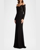 Off-Shoulder Pleated Taffeta and Crepe Gown