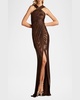 Pleated Metallic Jersey Column Gown