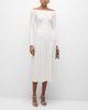 Off-The-Shoulder Long-Sleeve Pointelle Knit Godet Maxi Dress