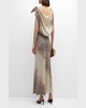 Print Cowl-Neck Tie Shoulder Silk Gown