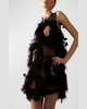 Feather-Embellished Illusion Mini Dress