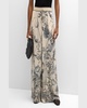 Floral Silk Straight Wide-Leg Pants