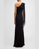 Beaded One-Shoulder Gown with Sheer Overlay