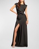 Joanna Cap-Sleeve Open-Back Satin Gown