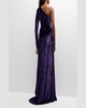 Metallic Striped Velvet One-Shoulder Long-Sleeve Gown