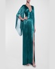 Alana Plunging Long-Sleeve Metallic Plisse Slit Gown