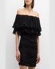 Milan Ruched Off-Shoulder Ruffle Mini Dress