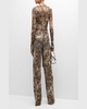 Snakeskin-Print Mesh Mock-Neck Long-Sleeve Bodysuit