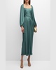 Square-Neck Long-Sleeve Draped Midi Dress