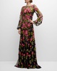 Sequined Floral Lace Long-Sleeve Gown