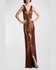 Pleated Metallic Jersey Column Gown