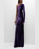 Metallic Striped Velvet One-Shoulder Long-Sleeve Gown