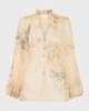 Silk Frill Collared Blouson-Sleeve Blouse