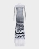 Feather Mariniere-Printed Mesh Long-Sleeve Gown