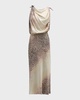 Print Cowl-Neck Tie Shoulder Silk Gown