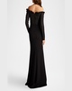 Off-Shoulder Pleated Taffeta and Crepe Gown