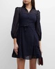 eyelet embroidery patchwork collar fit-flare 3/4 sleeve dress in navy