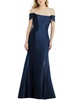 off-the-shoulder bow-back satin trumpet gown