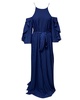 seersucker ruffled long dress with belt in blue polyester