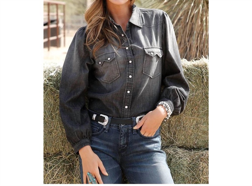 long sleeve western snap shirt in black chambray