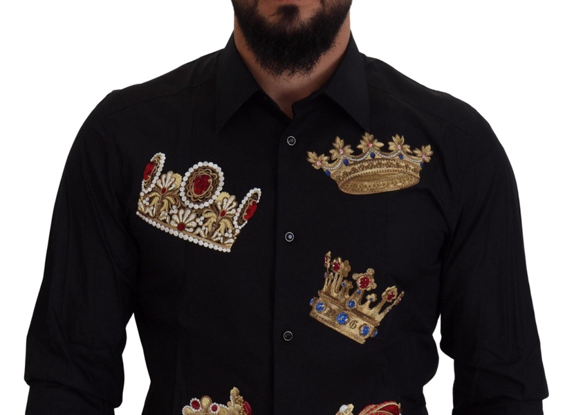 Dolce & Gabbana Black Gold Crown Slim Fit Dress Formal Shirt