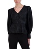 BCBGMAXAZRIA Women's Long Sleeve Peplum Top V Neck Button Front Shirt