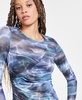 Women's Printed Long-Sleeve Ruched Mesh Top, Exclusively at Macy's