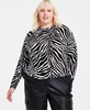 Trendy Plus Size Zebra-Print Mock Neck Blouson Knit Top, Created for Macy's