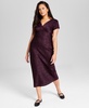 Women's Satin Bow Print Short-Sleeve V-Neck Midi Dress, Created for Macy's