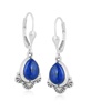 Sterling Silver and Pear Shape Denim Lapis Gemstone Fan Lever Back Earrings