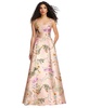 Womens Boned Corset Closed-Back Floral Satin Gown with Full Skirt