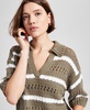 Women's Striped Open-Stitch Polo Sweater, Exclusively at Macy's