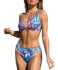 Women's One Shoulder Mid Rise Scalloped Back Hook Bikini Sets