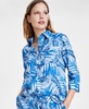 Petite Linen Leaf-Print 3/4-Sleeve Button Front Shirt 