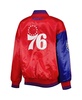 Women's Royal/Red Philadelphia 76ers Split Colorblock Satin Full-Snap Varsity Jacket