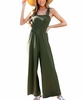 Women's Olive Square Neck Smocked Bodice Wide Leg Jumpsuit