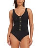 Women's Faux-Leather V-Neck One-Piece Swimsuit