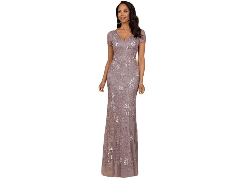 Women's V-Neck, Short Sleeve Beaded Gown