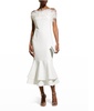 aurora feather trumpet midi dress in white