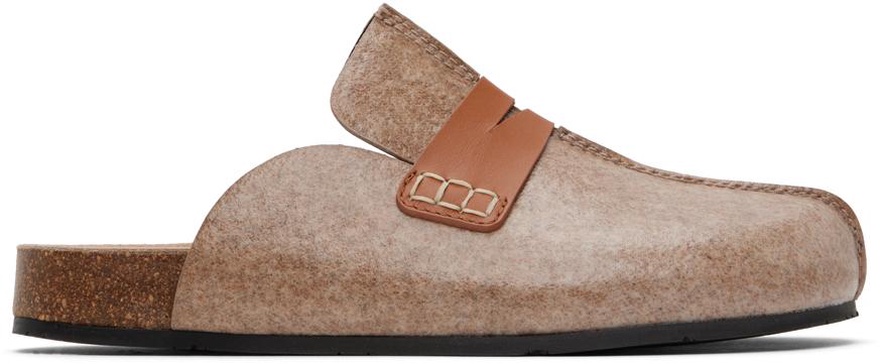 Beige Laminated Felt Loafer Mules