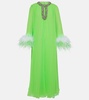 Pleated feather-trimmed chiffon gown