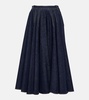 Pleated high-rise denim midi skirt