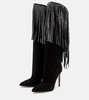 Fringed embellished suede knee-high boots