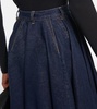 Pleated high-rise denim midi skirt