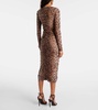 Leopard-print ruched mesh midi dress