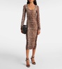 Leopard-print ruched mesh midi dress