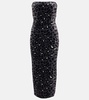 Leopard-print strapless velvet midi dress