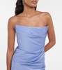 Draped strapless crepe midi dress