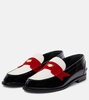 Penny suede-trimmed patent leather penny loafers