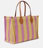 Striped leather-trimmed tote bag